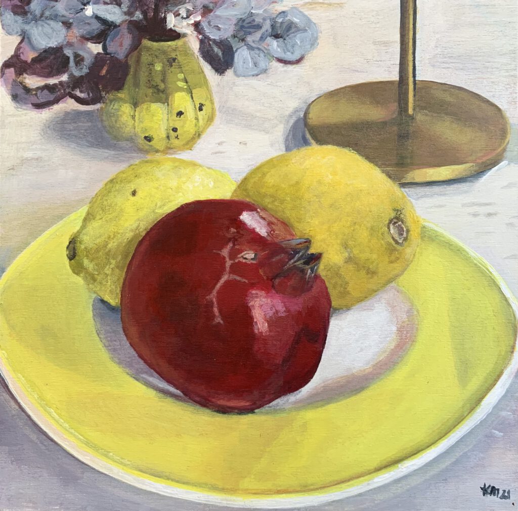 Granatapfel mit Zitronen, 20 x 20 cm auf Holz